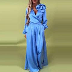 Fashion 2 Piece Set Women Outfit 2025 Apring Summer Casual Long Sleeve V-neck Blouse And Wide Leg Pant Sets Female