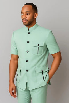 Safari Men Suits with Short Sleeves for Prom Party 2 Pieces Chinese Fashion Style Outdoors Costumes Suit Set Custom Made