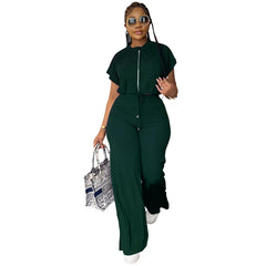 Women Casual Round Neck Drawstring Short Sleeve Top & High Waist Pants Set Summer Solid Two Piece Suit Sets Outfits Set Female