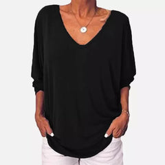 Plus Size Loose Women's Shirt V-Neck Overhead Three-Quarter Sleeve Casual Female Top Button Decoration Padded Shoulder