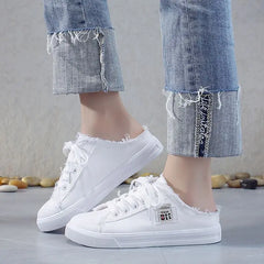 New 2024 Spring Summer Women Canvas Shoes Flat Sneakers Women Casual Shoes Low Upper Lace Up White Shoes