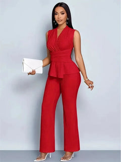 New Spring Summer Women's Trousers Two-piece Elegant Slim V-neck Sleeveless Irregular T-shirt Wide-leg Pants Office 2-piece Set