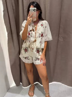 Floral Embroidered Linen-Blend Kimono Half-Sleeve Shirt & Lace Trim Shorts 2-Piece Set 2026 Summer Casual Women Office Outfit