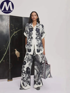 Women's Summer Versatile 2-Piece Set Printed Short Sleeve Shirt Top with Loose Wide Leg Pants Casual Fashion Outfit