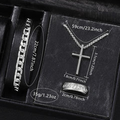 4PCS Men's Watch Set Fashion Trend Business Quartz Watch Cross Pendant Necklace Ring Bracelet Jewelry Set Perfect Gift for Him