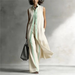 Women's Two-piece Sleeveless Stand-up Collar Vest Cardigan Trousers 2026 Summer New Loose Fashion Casual Contrast Color Suit