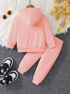 Adorable Baby Girl Cartoon Print Fleece Hoodie & Jogger Set - Perfect for Spring/Autumn Outdoor Activities