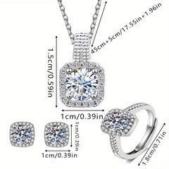 3pcs Set Luxury Brand Shiny Geometric Square Zircon Necklace Earring