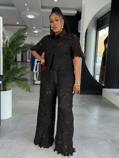 Streetwear Hollow Out Lace Casual Pants Outfits Sexy Women Two Pieces Club Matching Set Top+Trousers