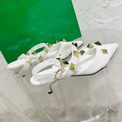 2024 New Rivet Pointed Thin Heel Baotou Half Slipper Female Middle Heel Shallow Mouth Lazy Mueller Shoes