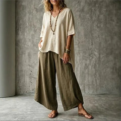 Summer New Loose Retro Short-sleeved T-shirt Trousers 2-piece Set Women's Fashion Irregular Top + Wide-leg Trousers Set Female