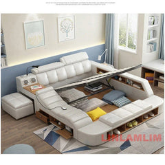 MINGDIBAO  All In One Bed, Luxury Multifunctional Genuine Leather Bed Frame with Tatami, Tech Smart Ultimate Lit 2 Personnes