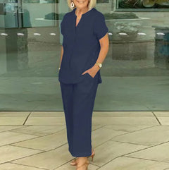 New Summer Women's Short-sleeve Tops Pants Casual Two-piece Suit Fashion Elegant Office Solid Holiday 2-piece Set Women Clothes