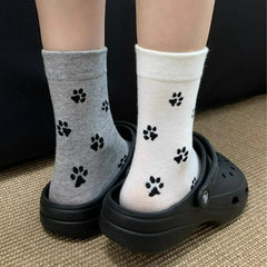 3pairs Cute Dog Claw Printed Women's Cartoon Dog Paw Sock Animal Pattern Soft Sweat Absorbing Breathable Casual Socks for Girls