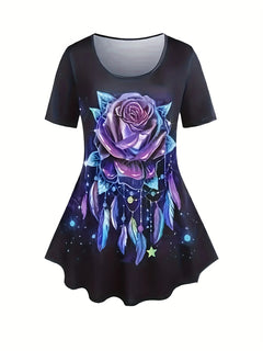 Plus Size Ladies Suit New Summer Women Hot Sales Black Oversize Casual Flower Rose Print T-Shirt Pants Two-Piece Suit