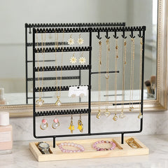 Metal Jewelry Organizer Stand with Wooden Tray - Multi-Functional Storage for Earrings, Necklaces, Bracelets & Rings