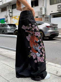 American Retro Tiger Flower Embroidered Black Loose Wide-Leg Jeans For Women, Street Hip-Hop Fashionable And Versatile Trousers
