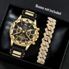 Business 2PCS Men's Fashion casual Luxury Silicone Band Diamond Quartz Bracelet Wrist Watch set（Box Not Included ）
