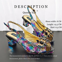 2026 New Elegant Italian Design Women's Black Heels with Rhinestones and Metal Decoration Shoes and Matching Bag Set for Party