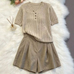 Elegant Casual 2 Piece Set 2026 Women Crochet Knit V Neck Button Short Sleeve Top High Waist Tailored Shorts Daily Summer Outfit