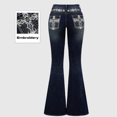 Jeans Flare Pants Women Vintage Boot Cut Embroidery Pockets Rhinestone Washed Female Distressed Denims Trousers Streetwear