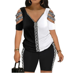 Cold Shoulder T Shirt Shorts Set Women 2 Piece Set Zipper V Neck Womens Short Pants Set Casual Femme Top Set Summer Suit