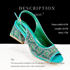 QSGFC 2024 Rhinestone Design INS Hot Sale New Arrivals African Shoes and Bag Set in Green Color Open Toe Comfortable Women Heels