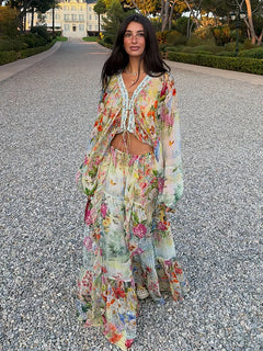 Bohemian Floral Matching Set V Neck Tie Front Crop Top Elastic Waist