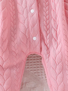 Pink Thickened One-Piece Romper for Baby Girls, with Cable Knit Quilted Fabric, Doll Collar with Hollow Lace, Double Bow, Snap Buttons on the Front and Crotch, Warm and Cute