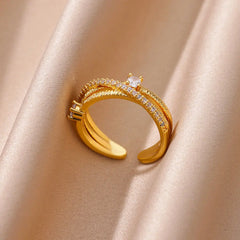 Gold Plated Stainless Steel Crystal Rings For Women Chain Geometry Zircon Finger Ring Jewelry Gift anillos mujer 2025 New Trendy