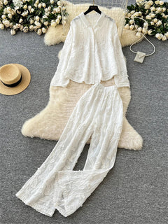 SINGREINY Senior Embroidery Leaves Sets Long Sleeves Single Breasted Top+Wide Legs Casual Pants 2025 Korean Women Solid Suits