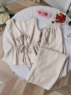 Summer Two Piece Set Women Striped V Neck Lace Up Sleeveless Blouse