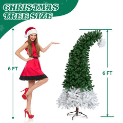 6FT Pre‑lit Bent Top Christmas Tree, Santa Hat Style Artificial Hinged Xmas Tree with 250 Warm White LED Lights, 839 Branch Tips for Home Holiday Party Decor