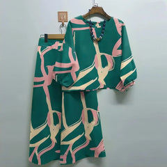 Print Suit Women Two Piece Pant Sets Long Sleeve Round Neck Tops Shirt Wide Leg Pants Loose Elegant Lady Bohemian Suits