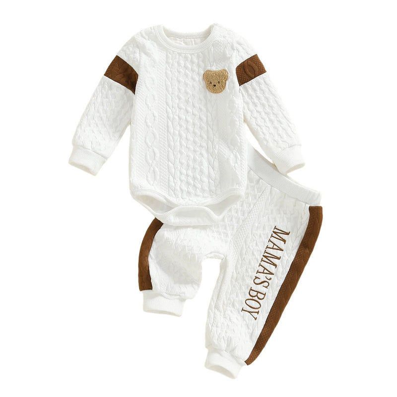 Baby Boy s Knit Outfits Fashionable Long Sleeve Bear Embroidery Textured Romper with Pants 2Pcs Set