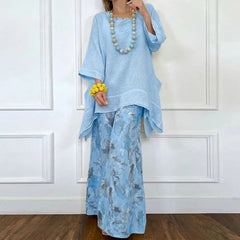 Women Spring Summer O Neck Pullover Irregular Top Wide Leg Pants Two Pieces Set Holiday Print Patchwork Loose Outfit Streetwear
