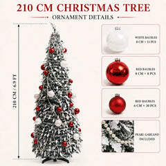 Flocked PVC Christmas Tree 1.5/1.8/2.1M Pre‑Attached Baubles, Foldable Xmas Tree with USB String Lights for Home Holiday Decor