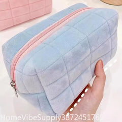 Solid Furry Large Cosmetic Storage Bag Zipper Makeup Organizer Multi‑Purpose Travel Toiletry Pouch Women Handbag Stationery Pencil Case Daily Gift Supply