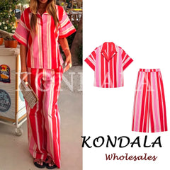 KONDALA Chic Women Striped Casual Suit Single Breasted Straight Shirt+Elastic Waist Long Pants Fashion 2026 Elegant Mujer Suit