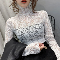 Blouse Women Transparent Lace T Shirt Stretch Turtleneck Petal Sleeve