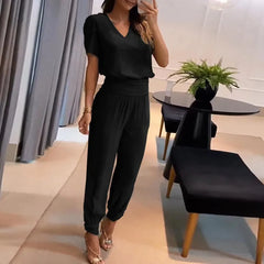 2024 New Long Pant Sets Summer Fashion Casual V-neck Print Short Sleeve Trousers Suit Two-piece Set 2 Piece Sets Women Outfit