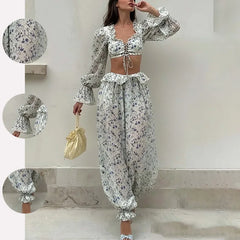 Fashion Long-sleeved Sexy Waist-baring Trousers 2-piece Set Women's Summer New Casual Simple Printed Shirt Trousers Suit Female