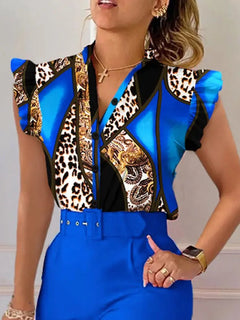 Elegant Women Two Piece Set Suits New Fashion Printed Ruffle Sleeve Top Solid Color Pants Set With Belt  Blouses Female Clothing