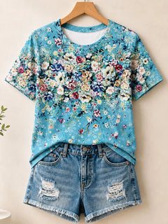 New Year Women's Summer Tops Floral Graphic Plants Elegant Vintage Stylish Short Sleeve Crew Neck Round Neck Long Tops Casual