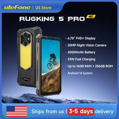 Ulefone RugKing 5 Pro Rugged Phone 20000mAh Android 16 16GB+256GB IP68 IP69K Waterproof 6.78" FHD+ Night Camera 4G SmartPhone