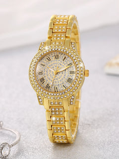 Ladies round Shell Embedded Quartz Watch Set with Floral Bracelet Necklace Ring Bracelet Earring - Festive Gift