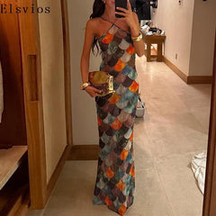 Sexy Bodycon Backless Halter Dress Elegant Colorful Block Full Length Evening Dress Fashion 2025 Slim Off Shoulder Party Dress