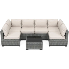 7-Piece Modular Outdoor Furniture Set, PE Rattan Wicker Sectional Modular Conversation Sofa Set, Perfect For Garden Balcony