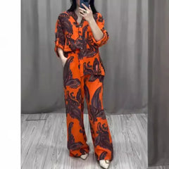 Fashion Printed Single Breasted Boho Shirt Elegant O-neck Single Breasted Shirt Wide Legs Trousers Office Commuter Two-piece Set