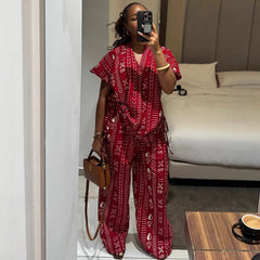 Women Two Pieces Pant Sets Solid Matching Set Pullover V Neck Printing Top High Waist Lace Up Pants Loose Fit Casual 2025 Summer
